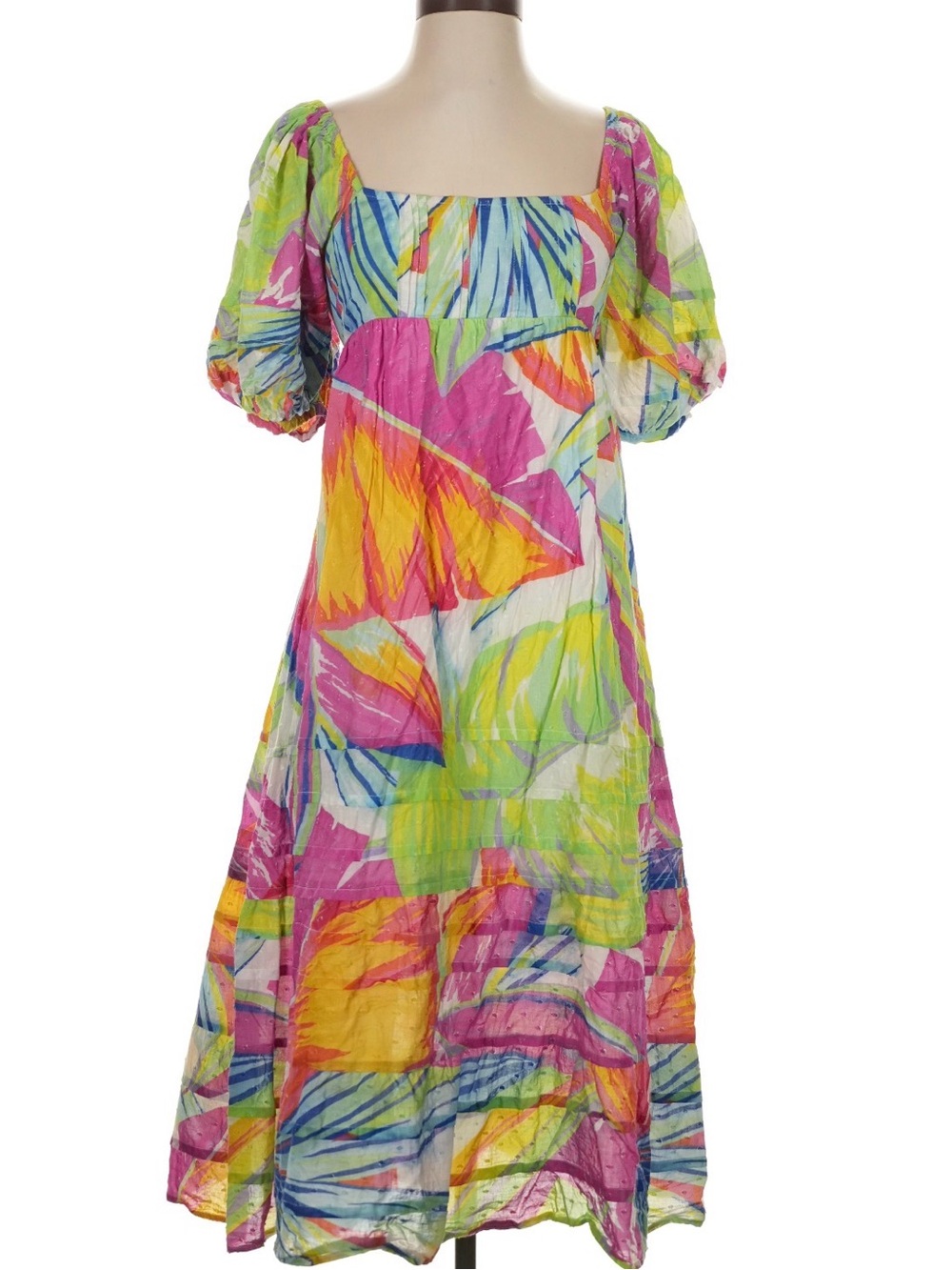 FARM Rio Multicolor Leaf-Print Midi Dress in Pink, Green, Yellow, Blue